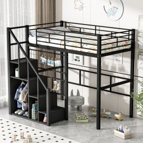 Twin Size Metal Loft Bed with Storage Staircase and Small Wardrobe, Black