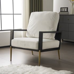 Modern Low Back White Upholstered Accent Armchair with Gold Metal Legs & Rubberwood Frame, Chic Wide Armrest Minimalist Lounge Chair with Pillow