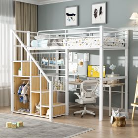 Twin Size Metal Loft Bed with Storage Staircase and Small Wardrobe, White