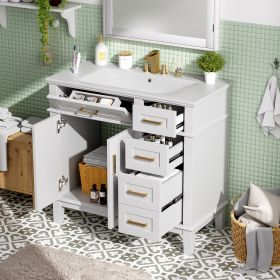 36" White Modern Bathroom Vanity with Ceramic Sink, Soft Close Doors, 4 Drawers for Storage, Elegant Design for Small Bathrooms(Old SKU:SV000025A