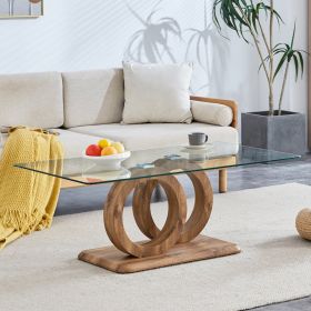 Modern Style Glass Top MDF Coffee Table with Natural Wood Color Base - Suitable for Living Rooms and Lounge Areas