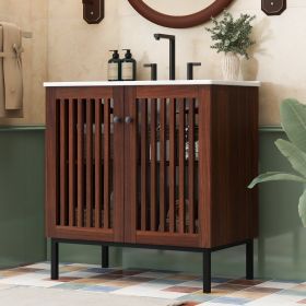 30" Vintage Bathroom Vanity with Ceramic Sink, Modern Bathroom Vanity Cabinet with 2 Soft-Close Doors (Fence-Design) and Large Storage Space