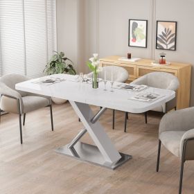 47.25''-63'' Modern White Glossy Dining Table for 4-6 People, Extendable Dining Table with Crossed Metal Base and Stainless Steel Tubes