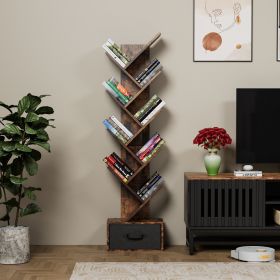 9 Tier Tree Bookshelf with Drawer Bookcase, Modern Book Storage, Free Standing Tree Bookcase, Utility Organizer Shelves for Home Office, Living R