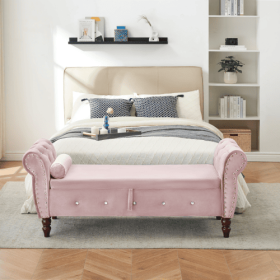 63.38Velvet Multifunctional Storage Rectangular Ottoman Bench Comes With Crystal Buckle Solid Wood Legs With 1 Pillow (Color: pink)