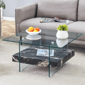 31.4 Inch Modern Two Tier Square Coffee Table - An Elegant Combination Of Clear Glass And Black Marble Pattern Sticker.It Can Be Used As A Coffee (Color: black)