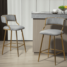 SET OF 2,26 Counter Height Bar Stools Corduroy Kitchen Island Counter Bar Stool With Back,golden Chromed Base And Footrest (Color: grey)