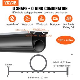 VEVOR Garage Door Seals Bottom Rubber, U Shape O Ring Combination Garage Door Weather Stripping With Pre-drilled Aluminum Track Retainer Kit, 5 1 (Option: 16ft)