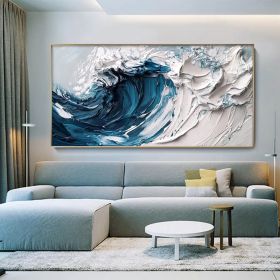 Original Minimalist Beach Oil Painting on Canvas Abstract Texture Blue Ocean Wave Painting Large Wall Art Custom Living Room Wall Decor (Style: 01, size: 120x240cm)