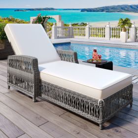 GO Outdoor Long Reclining Chaise, Wicker Lounge with Armrests, Patio Adjustable Recliner with Soft Removable Cushions (Color: as Pic)