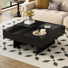 U-Can 33''Mid Century Modern Coffee Table,Unique Square Wooden Coffee Table with 3 Drawers, Tempered glass and Solid Wood Legs for Living Room (Color: as Pic)