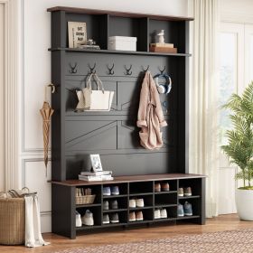 ON-TREND Farmhouse 4-in-1 Hall Tree with 6 Hooks, Practical Walnut Entryway Bench with Adjustable Shelves (Color: as Pic)