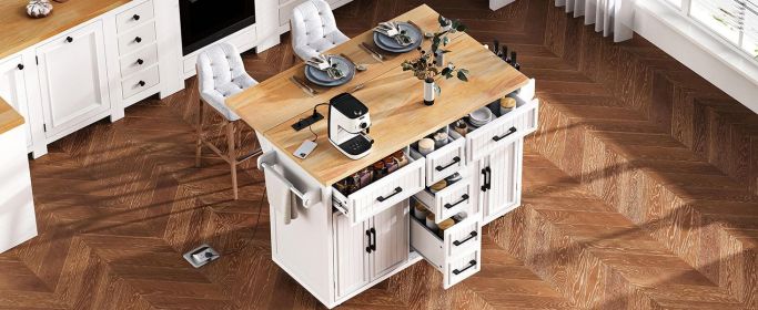 K&K 56.5'' Kitchen Island with Drop Leaf, Power Outlet, Embossed Vertical Stripe Rolling Kitchen Cart on Wheels with 4 Doors (Color: as Pic)