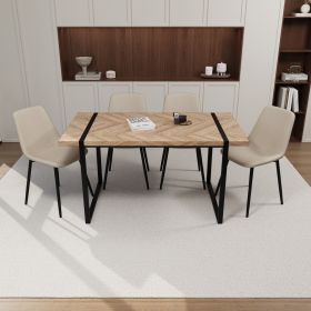 59" MDF dining table and modern dining chair 4-piece set, medieval wooden kitchen dining table set, rectangular metal base (Color: Light wood+beige)