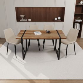 59" MDF dining table and modern dining chair 4-piece set, medieval wooden kitchen dining table set, rectangular metal base (Color: Wood+beige)