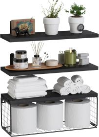 Bathroom Shelf Over Toilet, Floating Bathroom Shelf Wall Mounted with Wire Basket, Floating Shelf for Wall Décor (Color: black)